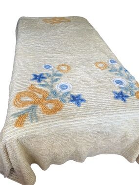 Vintage Chenille Floral Bedspread Double Size Yellow Blue